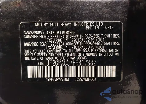 2015 Subaru Xv Crosstrek 2.0I Premium from USA, damaged, VIN JF2GPACC7F9317382